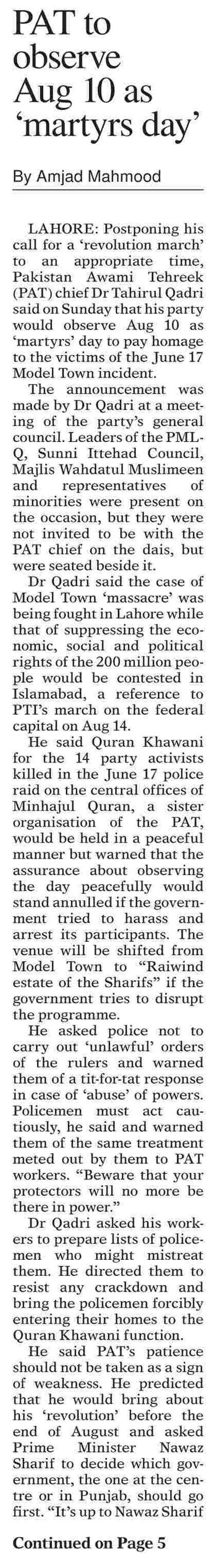 Minhaj-ul-Quran  Print Media Coverage Daily Dawn Front Page